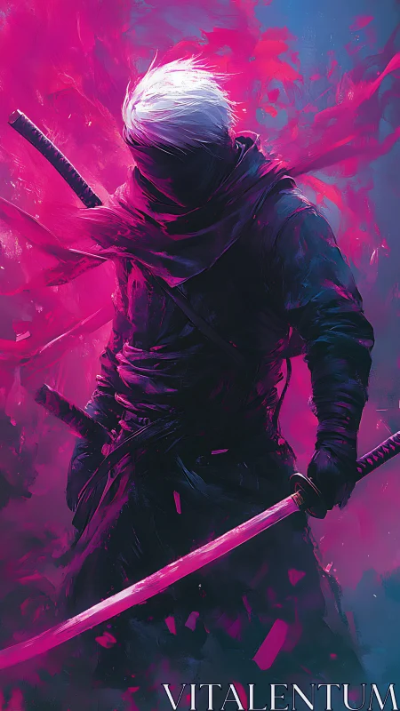 Hooded swordsman with dual katanas stands in neon pink mist