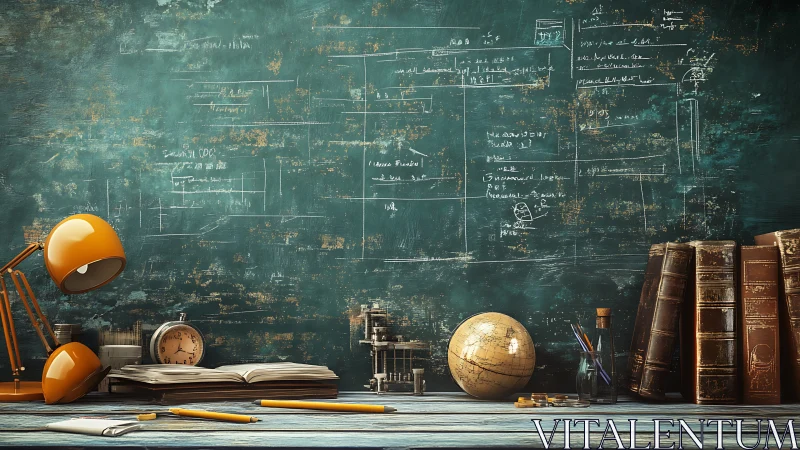 Vintage study desk before chalkboard filled with formulas.
