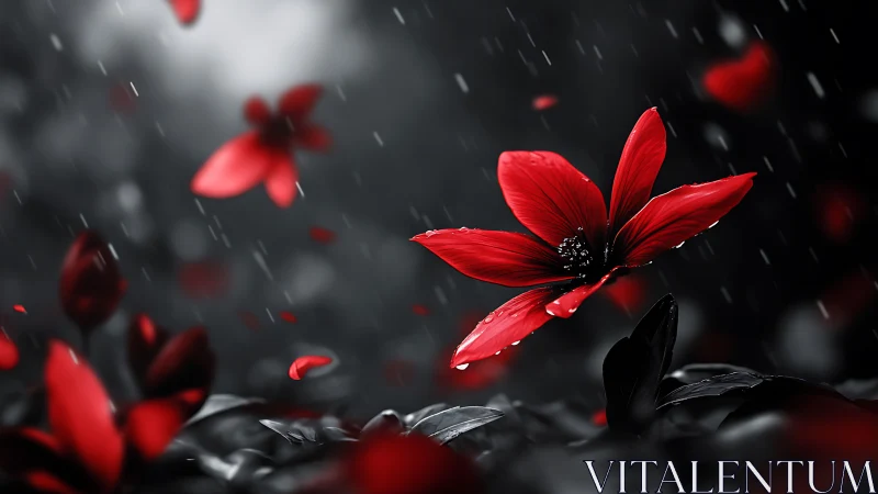 Red Flowers in Rain with Selective Color Effect.