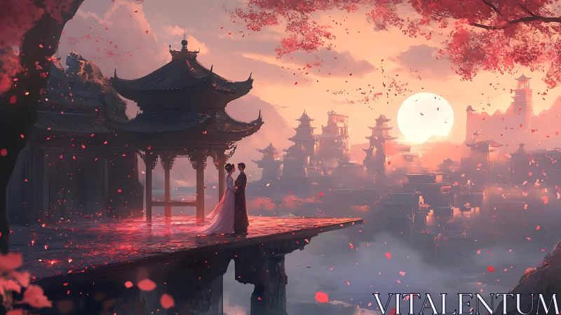 Lovers share a quiet moment above a misty fantasy city at dusk