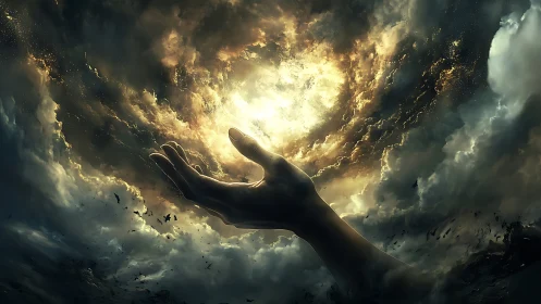 Digital painting of a hand cradling a luminous storm vortex.