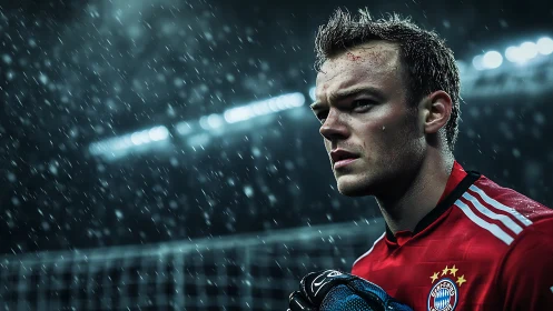 Stormlit goalkeeper locked in focus under electric rain.