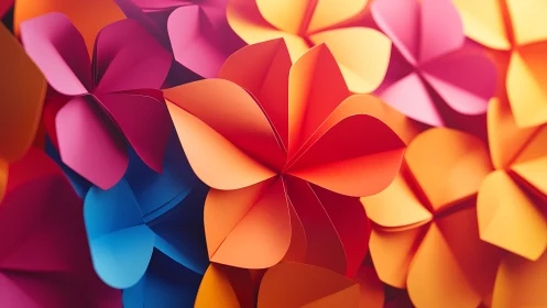 Vibrant folded paper flowers create bold geometric depth