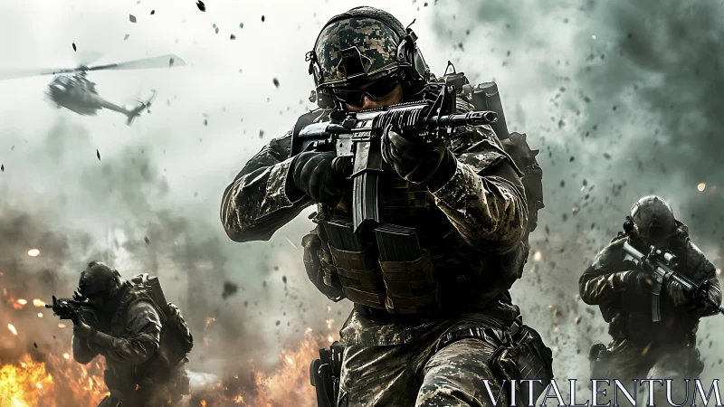 Tactical infantry squad advances under rotary-wing close air support