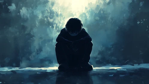 Solitary boy in blue haze under distant cold light.