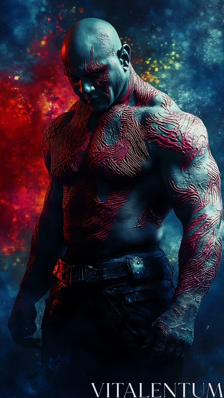 Muscular humanoid figure with red markings in cosmic field.