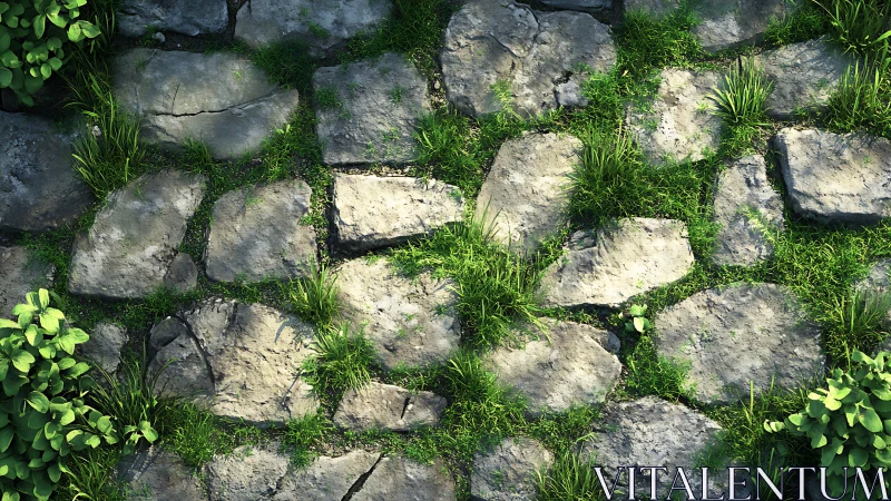 Photoreal stone garden path with lush mossy grass details.