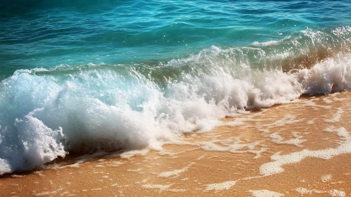 Breaking turquoise wave rolling onto clean sandy shore.