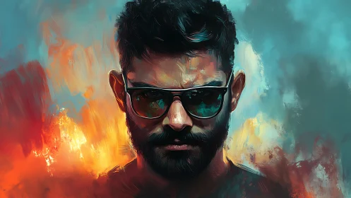 Brooding bearded man in sunglasses framed by fiery color fields.