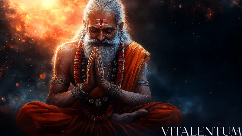 Meditating sage in cosmic ambiance rendered as digital chiaroscuro