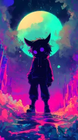 Silhouetted hooded figure stands before a luminous teal moon