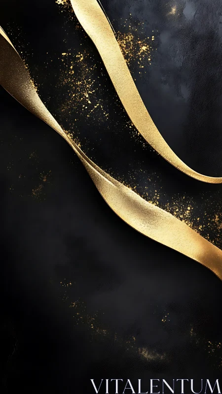 Gold metallic ribbons curve over dark textured background.