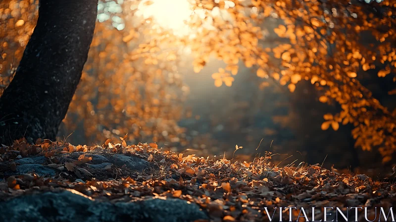 Autumn forest floor glows under soft golden evening light.