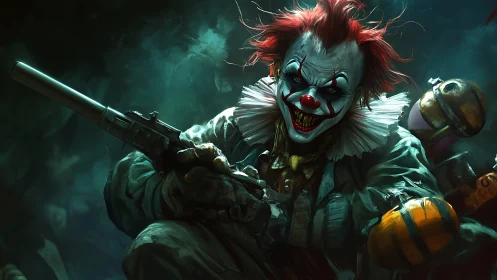 Armed killer clown in dark alleyway, vivid digital painting.