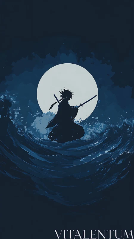 Lone anime swordsman stands in dark ocean under full moon.