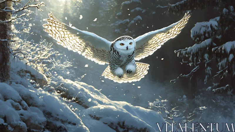 Majestic snowy owl in flight over winter forest, digital artwork.