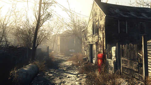 Rendered rural alleyway shows weathered houses and leafless trees
