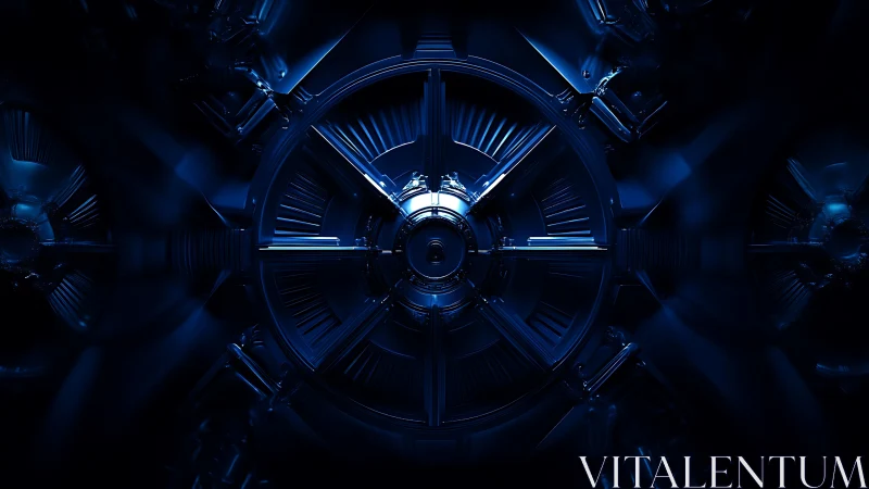 Metallic radial mechanism illuminated with deep blue light