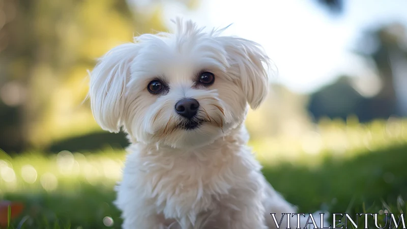 Small white dog resting on sunlit grass with bokeh glow.