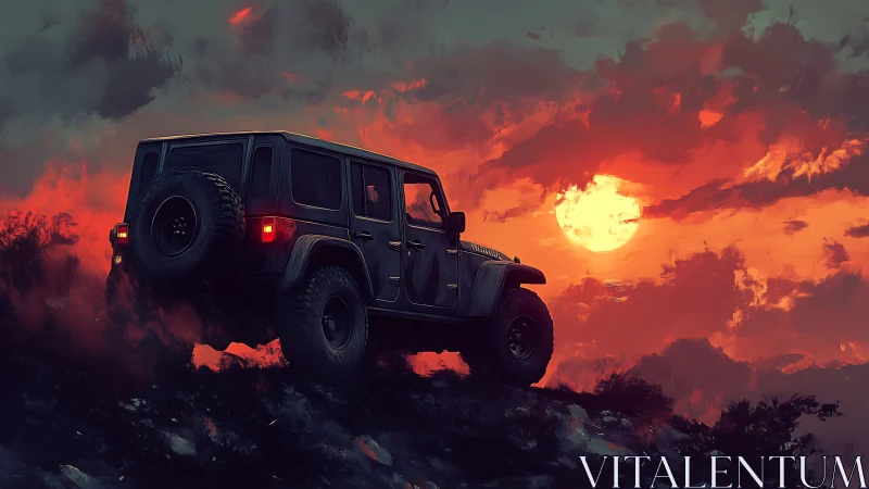 Off-road SUV pausing on a glowing sunset hillside trail.