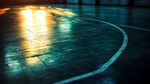 Quiet indoor court glows as warm sunset light gently spreads