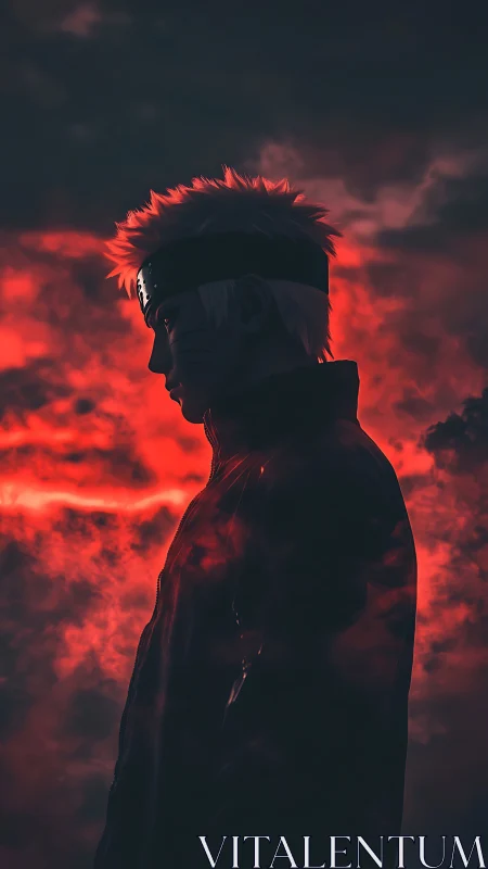 Storm-lit ninja silhouette broods in crimson thunder sky.