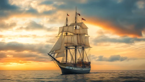Square-rigged tall ship under full sail at equilibrial sunset.