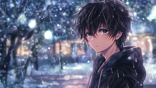 Dark haired anime boy outdoors in night rain setting.