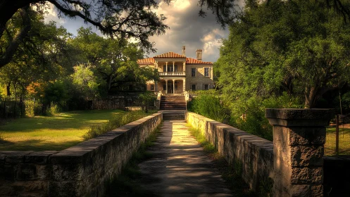 Sunlit stone manor beyond tree-lined garden pathway.