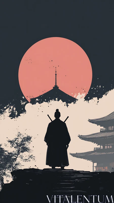 Lone samurai watches ink-splashed temple sunrise in silence.