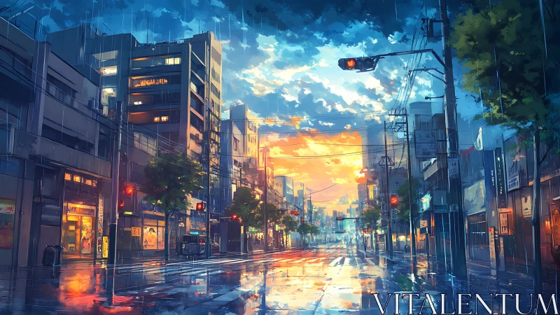 Soft evening rain brushes a glowing city street awake