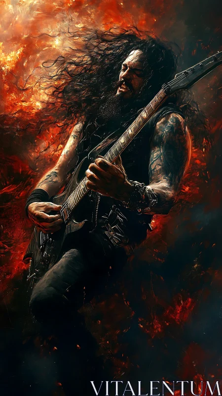 Flaming metal guitarist shreds amid explosive inferno storm.