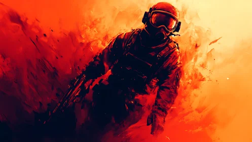 Fiery guardian walking through a storm of swirling embers.