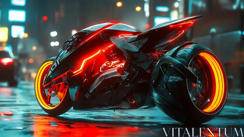 Futuristic neon motorcycle on wet cyberpunk city street.