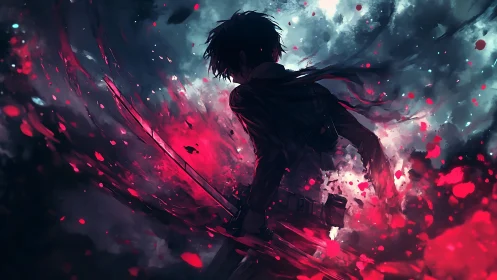 Sword-wielding anime warrior in red and blue stormscape.