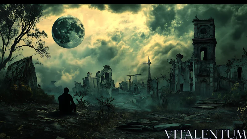 Solitary figure observes ruined city under ominous green moon