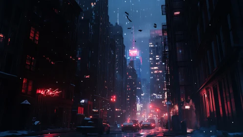 Midnight rain stitches neon veins through a brooding city