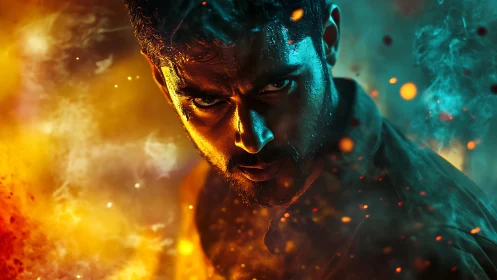 Intense male portrait in dual-tone cinematic fire and smoke.