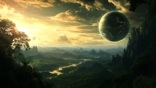 Floating planet over expansive green valley at sunset