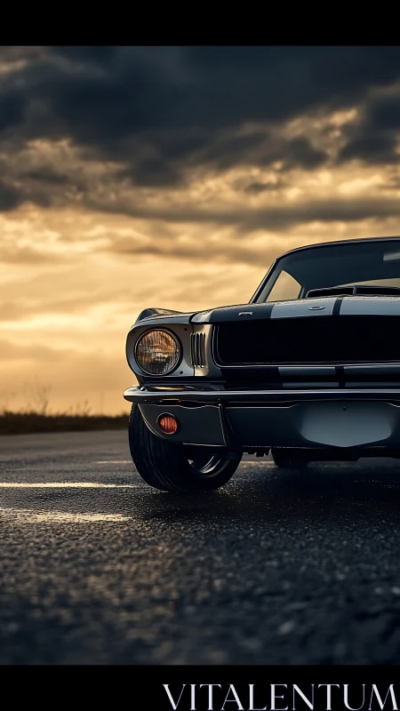 Classic muscle car nose catches low sunset on empty road