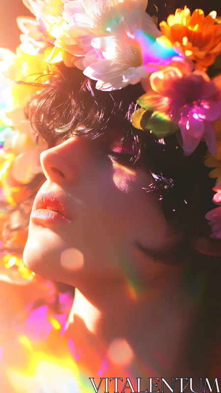 Profile portrait shows floral wreath and prismatic light