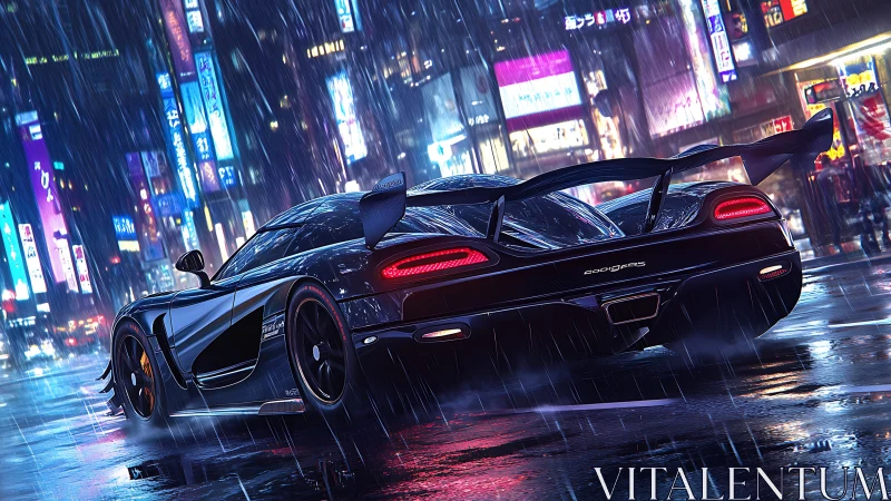 Hypercar powers through neon‑lit rain in futuristic street scene.