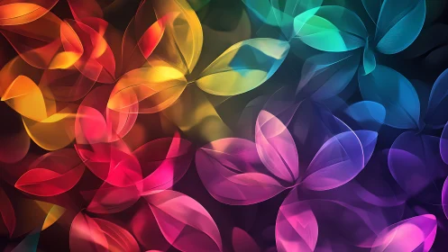 Multicolored translucent leaf shapes overlap on dark gradient