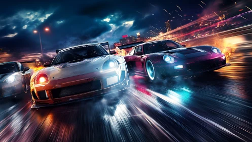 Night racing duel with tuned sports cars on wet highway