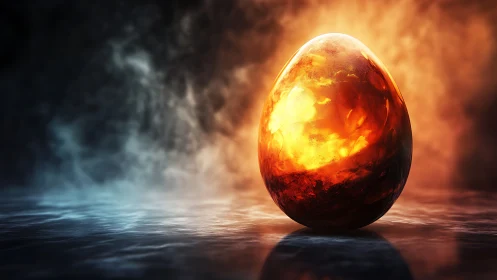 Luminous molten egg form contrasts fire gloss with cold vapor