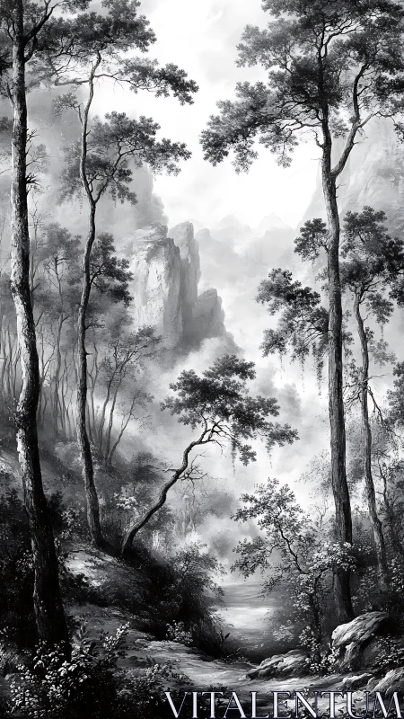 Monochrome forest valley with distant cliffs and foliage.