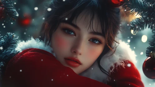 Digital winter portrait of girl in red Christmas coat.