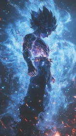 Electric blue warrior glowing with unstoppable inner power.