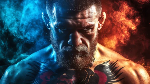 Tattooed warrior between blue frost and burning ember skies.