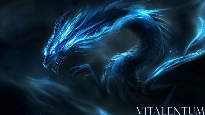 Luminescent blue dragon coils through ethereal cosmic mist.